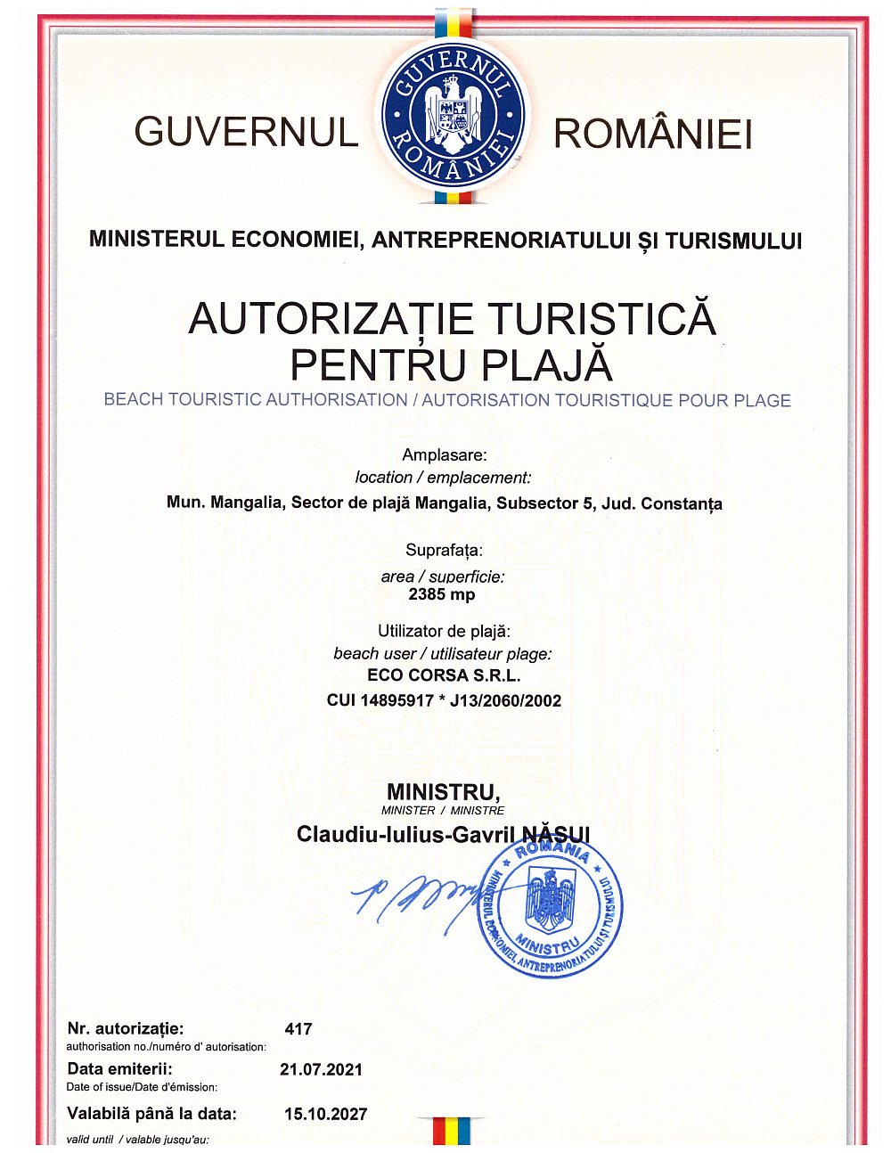 Autorizatie plaja, Corsa Mangalia